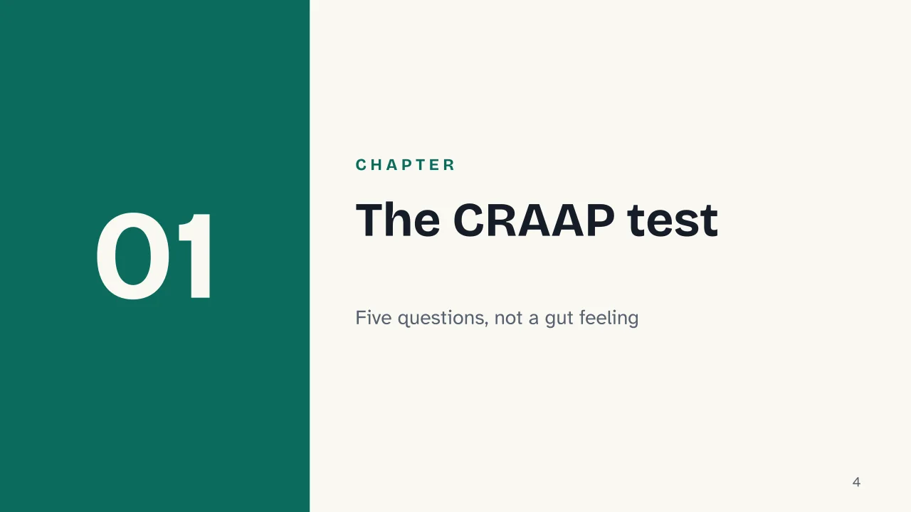 Slide 4 of the presentation on Credible Sources for Research: Chapter 01: The CRAAP test