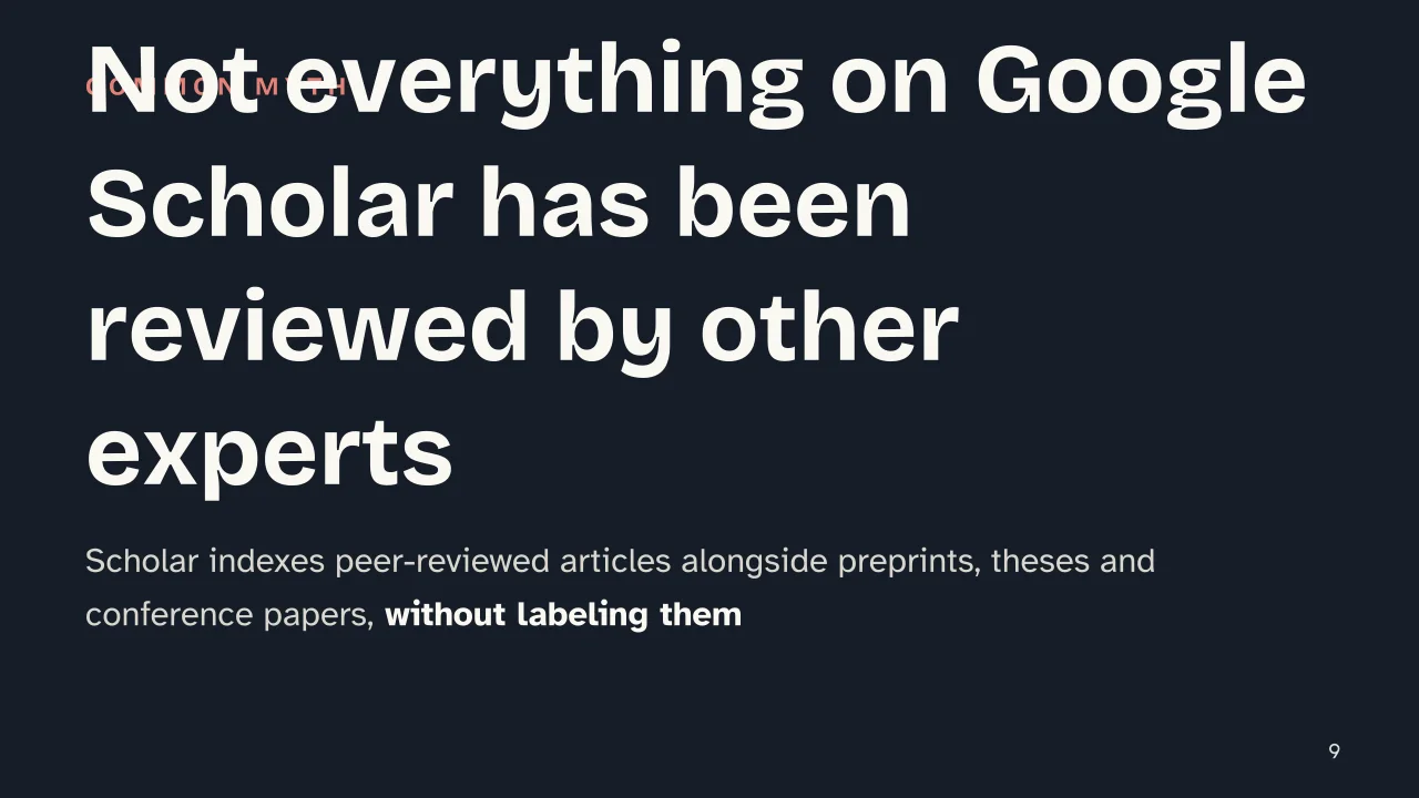 Slide 9 of the presentation on Credible Sources for Research: Not everything on Google Scholar has been reviewed by other experts