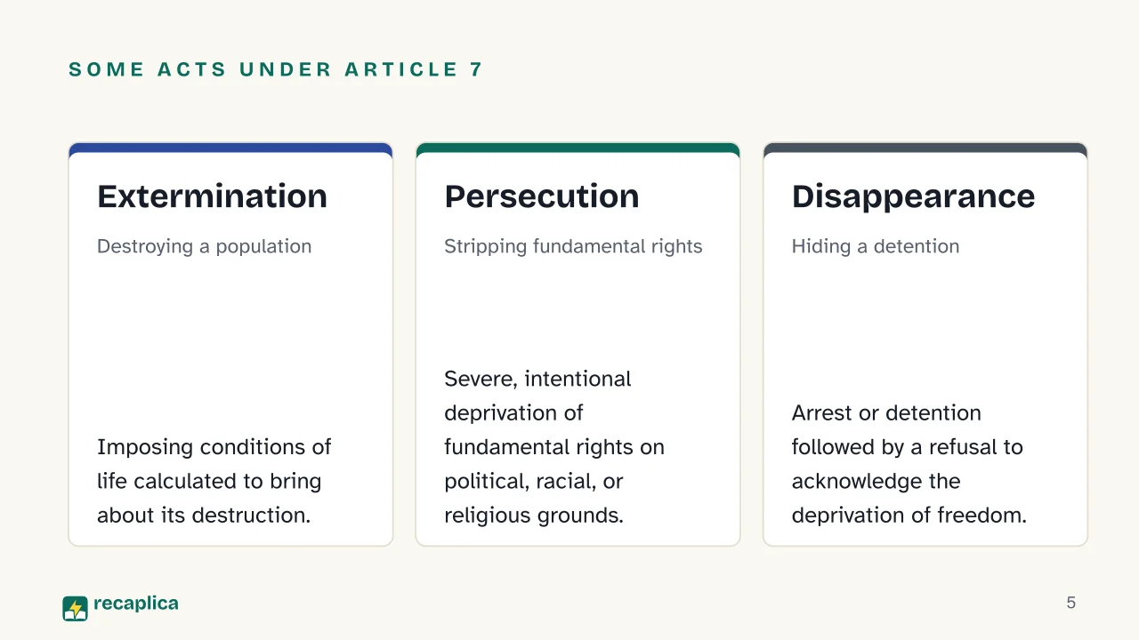 Slide 5 of the presentation on Crimes Against Humanity: Some acts under Article 7: Extermination, Persecution, Disappearance