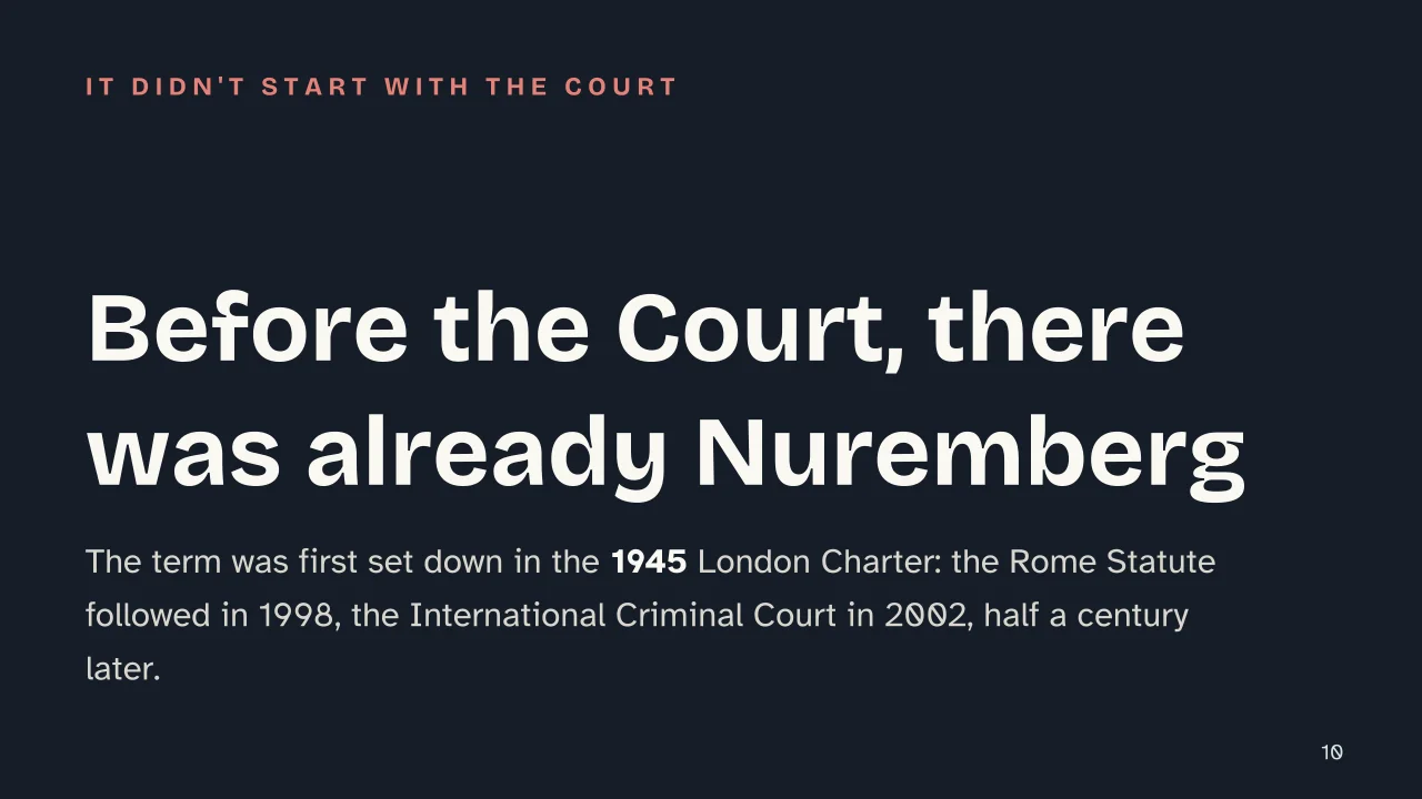 Slide 10 of the presentation on Crimes Against Humanity: Before the Court, there was already Nuremberg