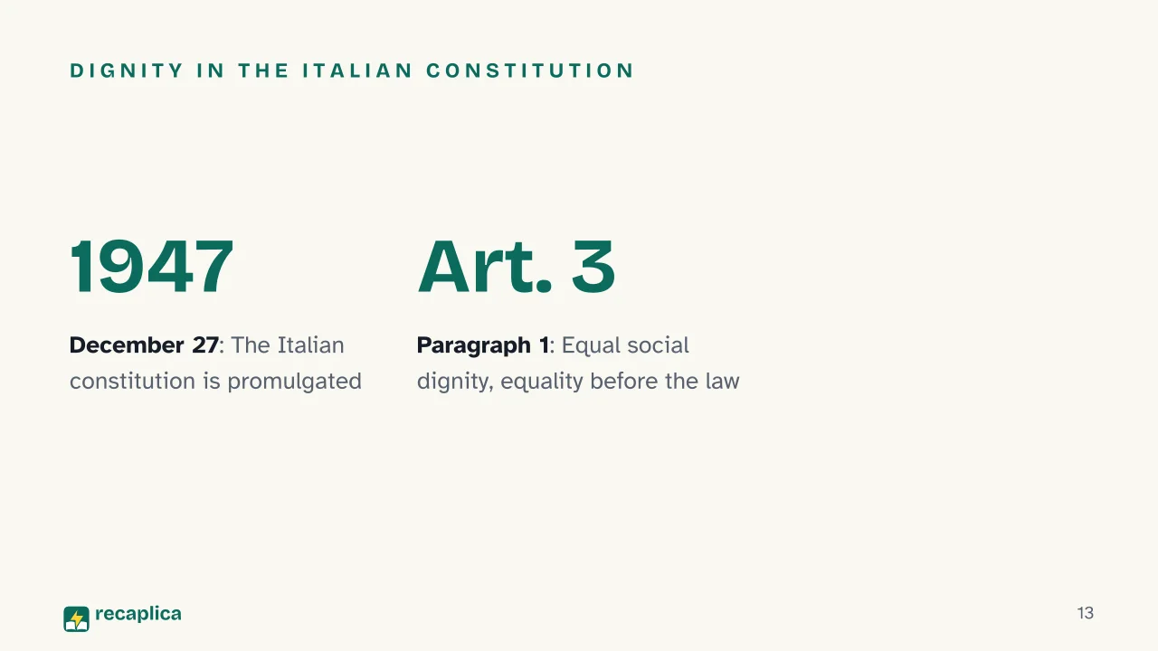 Slide 13 of the presentation on Crimes Against Humanity: Dignity in the Italian constitution