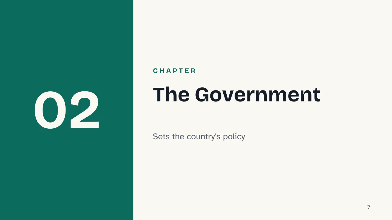 Slide 7 of the presentation on Italian Government Structure: Chapter 02: The Government