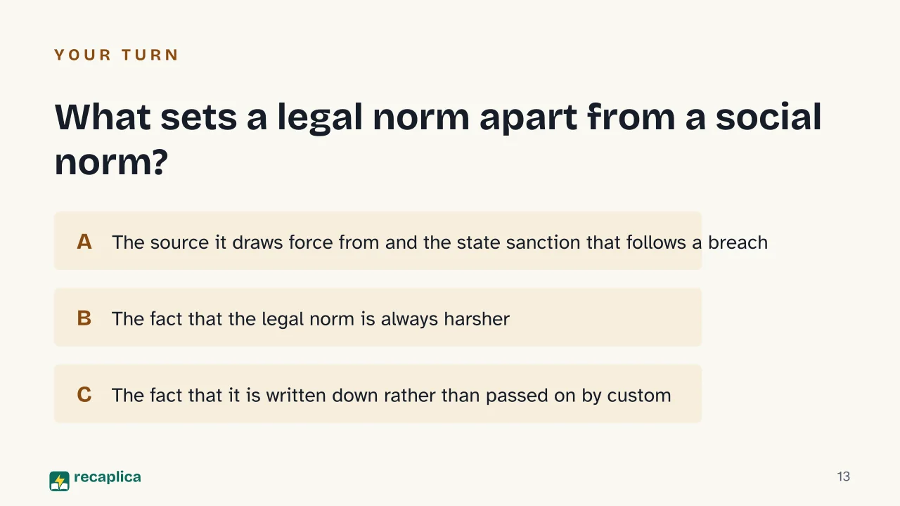 Slide 13 of the presentation on Legal norm: What sets a legal norm apart from a social norm?