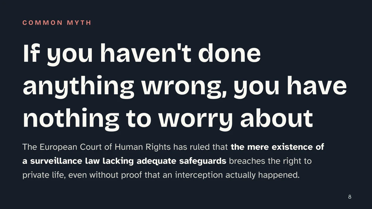 Slide 8 of the presentation on Mass Surveillance: If you haven't done anything wrong, you have nothing to worry about