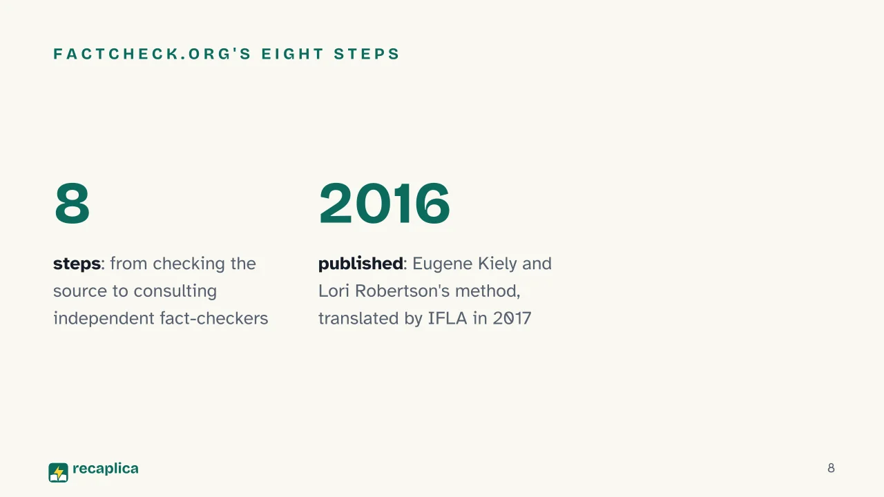 Slide 8 of the presentation on Media Literacy: FactCheck.org's eight steps
