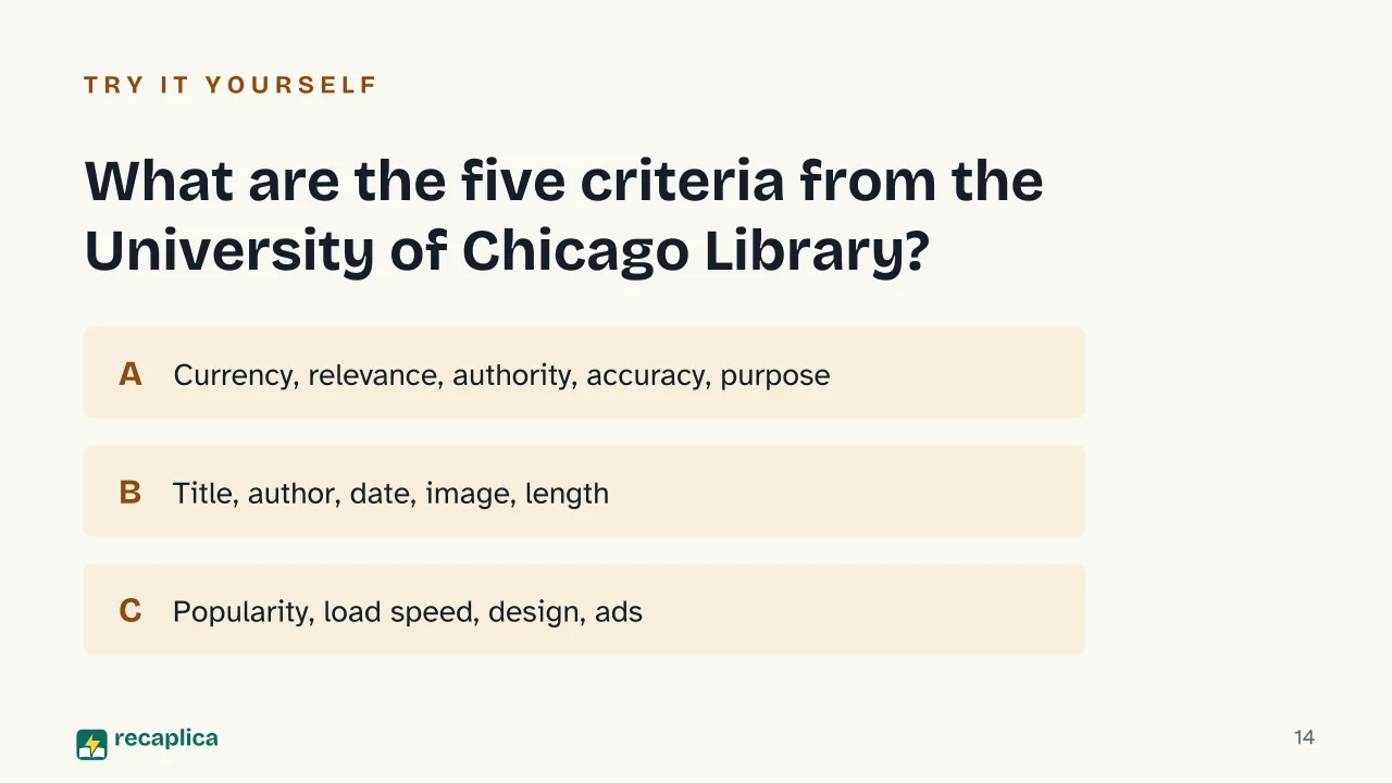 Slide 14 of the presentation on Media Literacy: What are the five criteria from the University of Chicago Library?