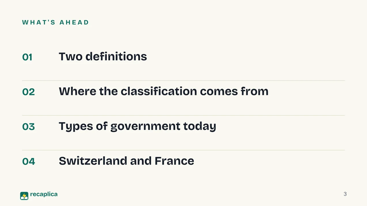 Slide 3 of the presentation on Types of Government: What's ahead