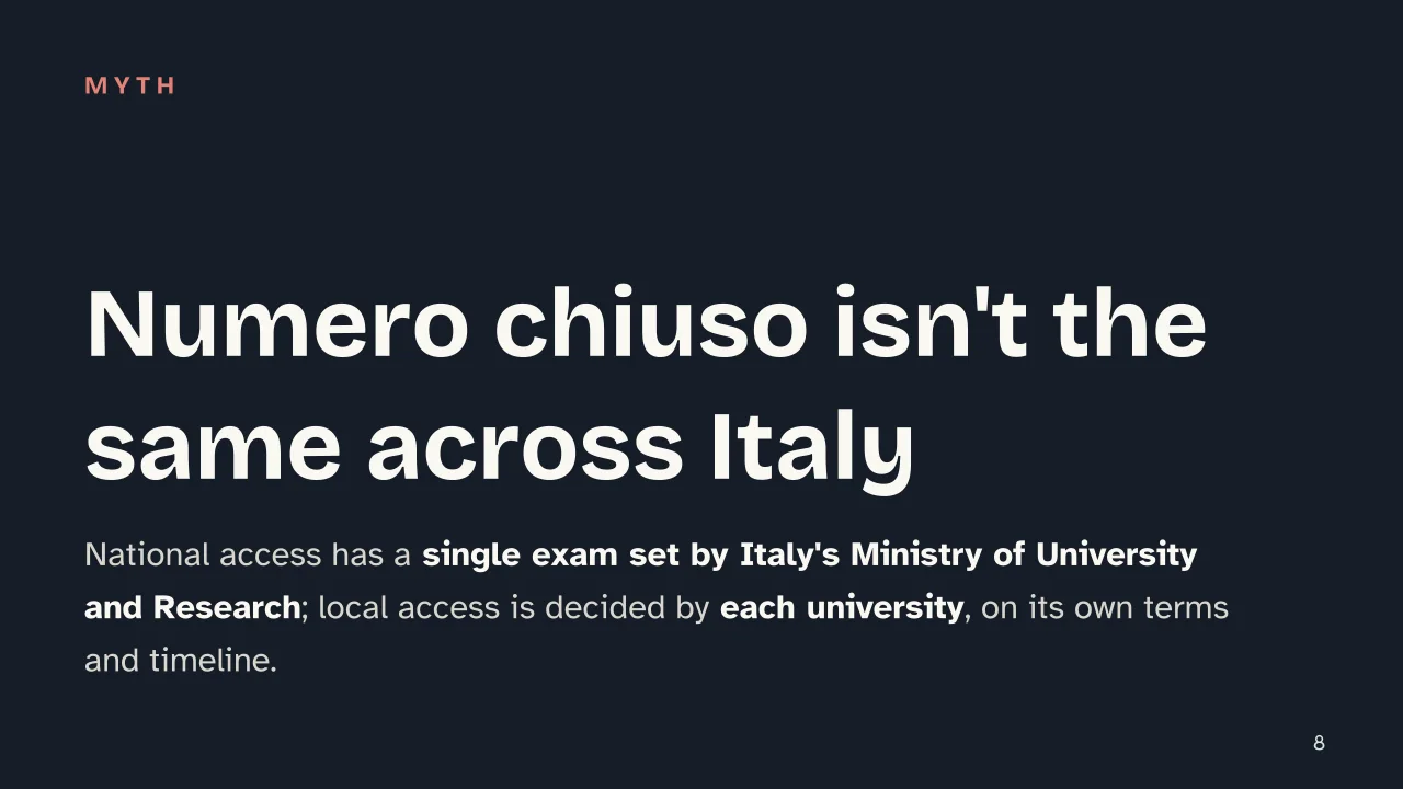 Slide 8 of the presentation on University Entrance Exams in Italy: Numero chiuso isn't the same across Italy