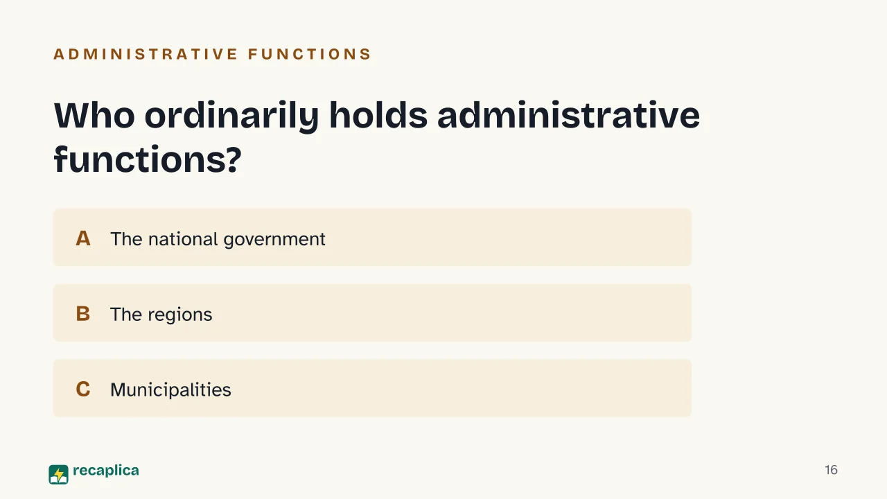 Slide 16 of the presentation on Federalism Explained: Who ordinarily holds administrative functions?