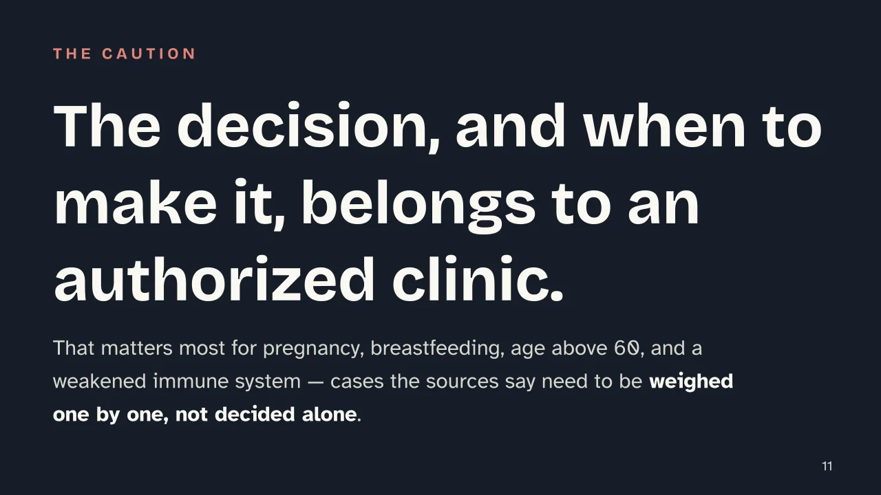 Slide 11 of the presentation on Yellow Fever Vaccine: The decision, and when to make it, belongs to an authorized clinic.