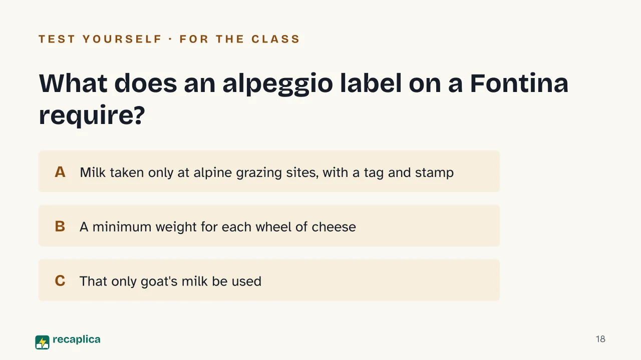Slide 18 of the presentation on Alpine Pastures: What does an alpeggio label on a Fontina require?