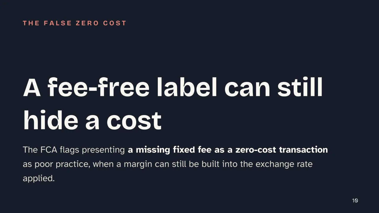 Slide 10 of the presentation on How to Avoid Foreign Transaction Fees When You Pay or Withdraw Abroad: A fee-free label can still hide a cost