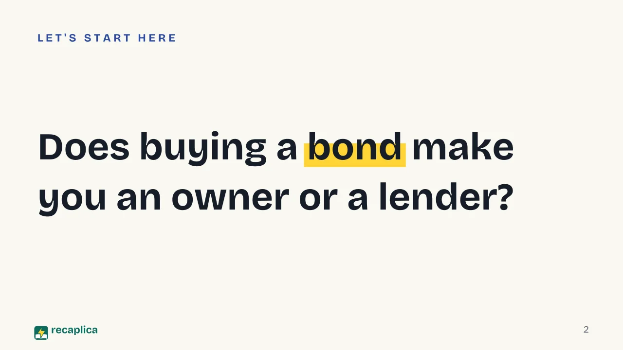 Slide 2 of the presentation on Bonds: Does buying a bond make you an owner or a lender?