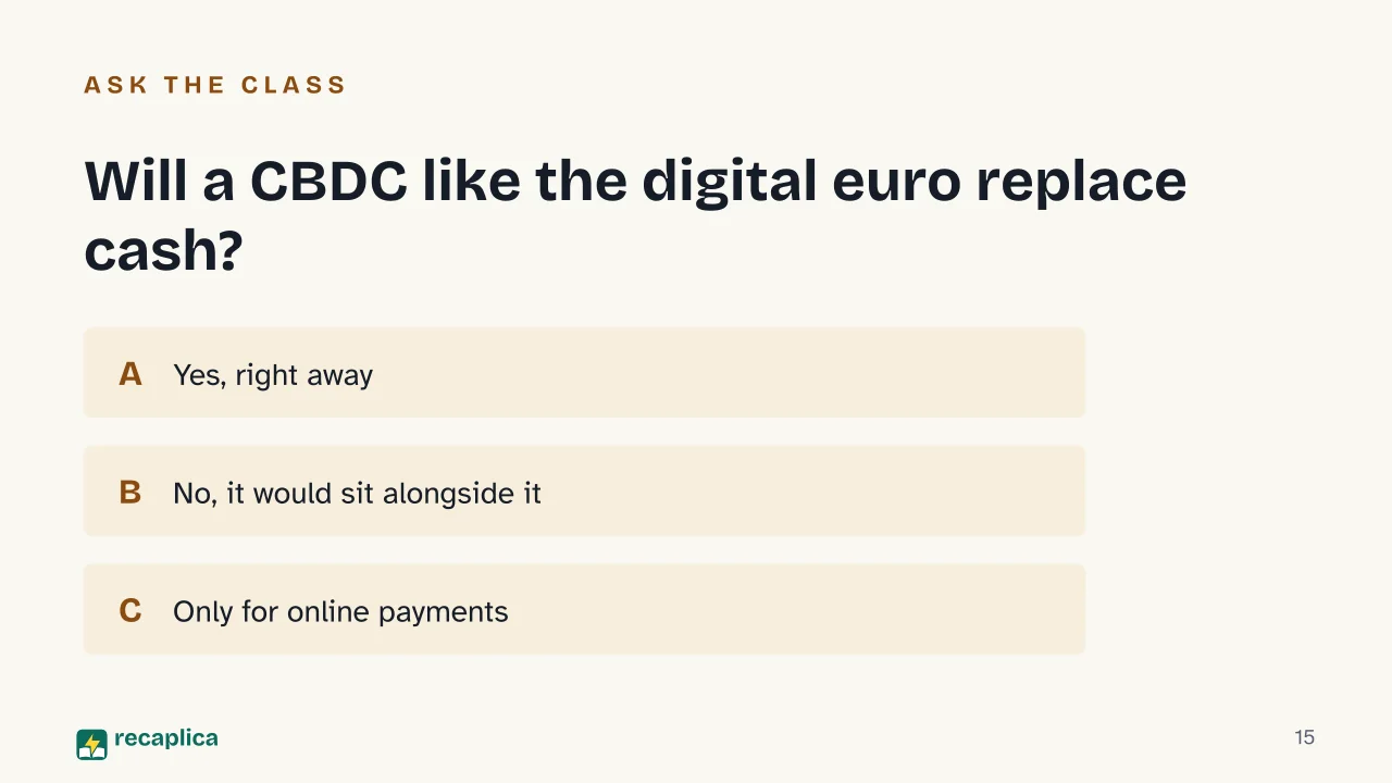Slide 15 of the presentation on CBDC: Will a CBDC like the digital euro replace cash?