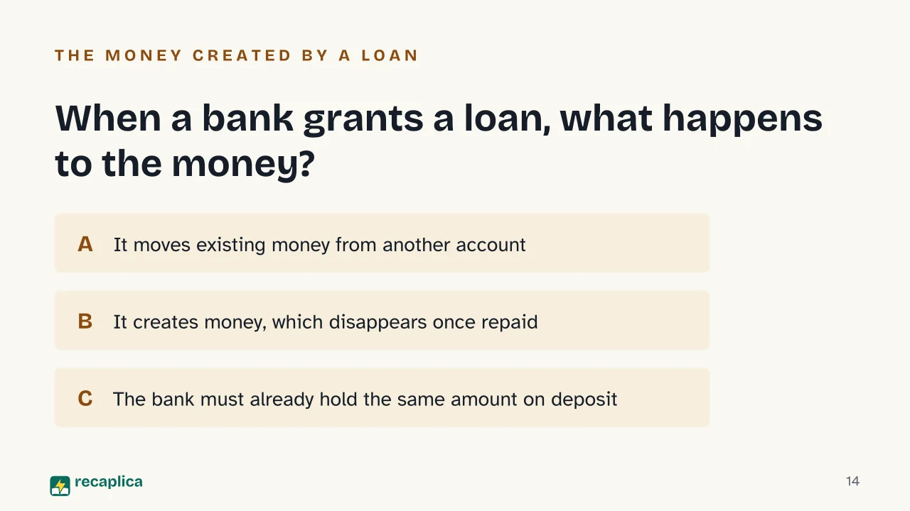 Slide 14 of the presentation on Central Bank: When a bank grants a loan, what happens to the money?