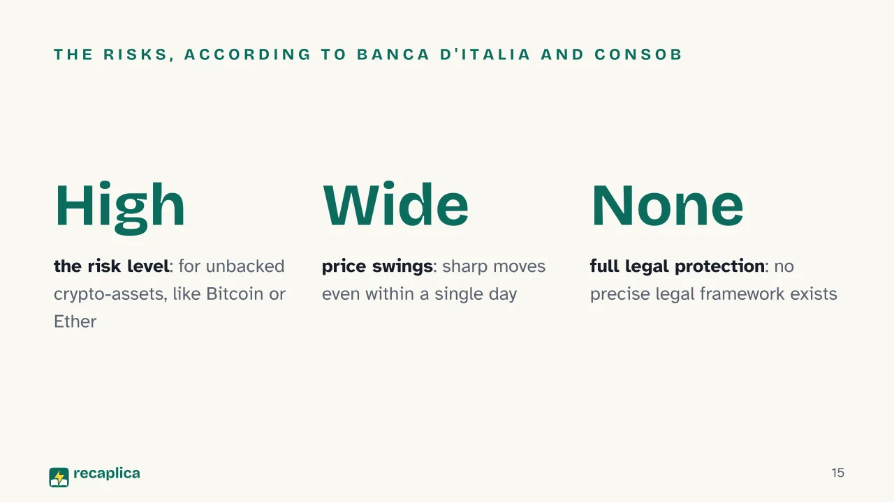 Slide 15 of the presentation on Cryptocurrency: The risks, according to Banca d'Italia and CONSOB
