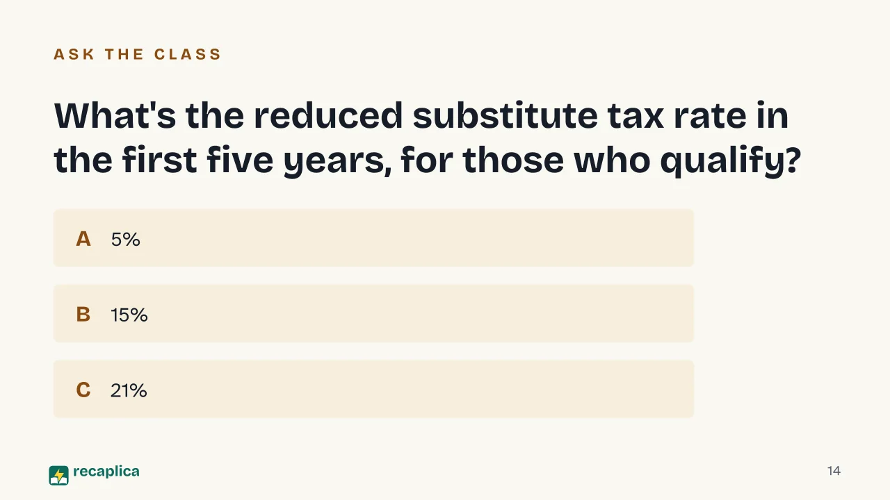 Slide 14 of the presentation on How Much Does Italy's Regime Forfettario Really Cost?: What's the reduced substitute tax rate in the first five years, for those who qualify?
