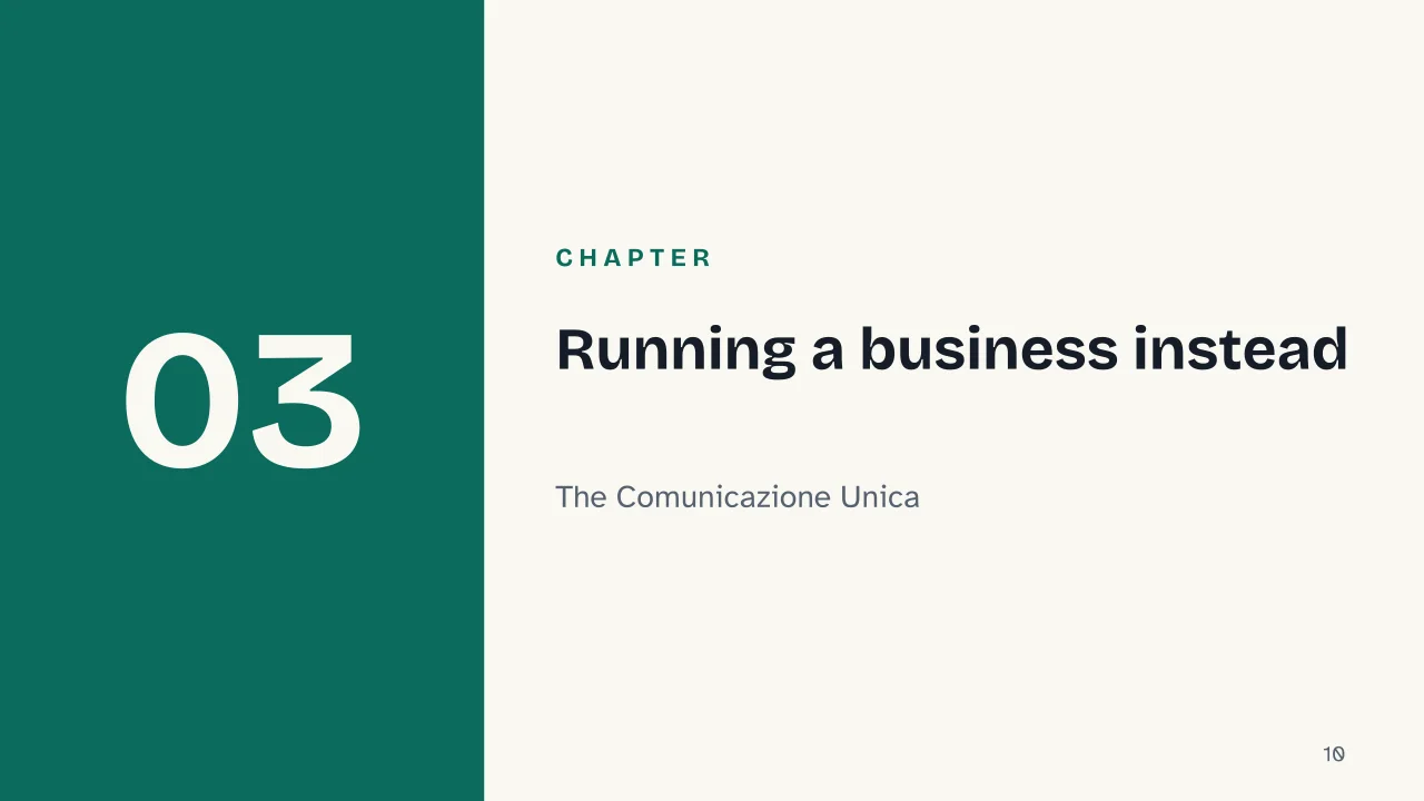 Slide 10 of the presentation on How to Open a Partita IVA Under Italy's Flat-Rate Tax Regime: Chapter 03: Running a business instead
