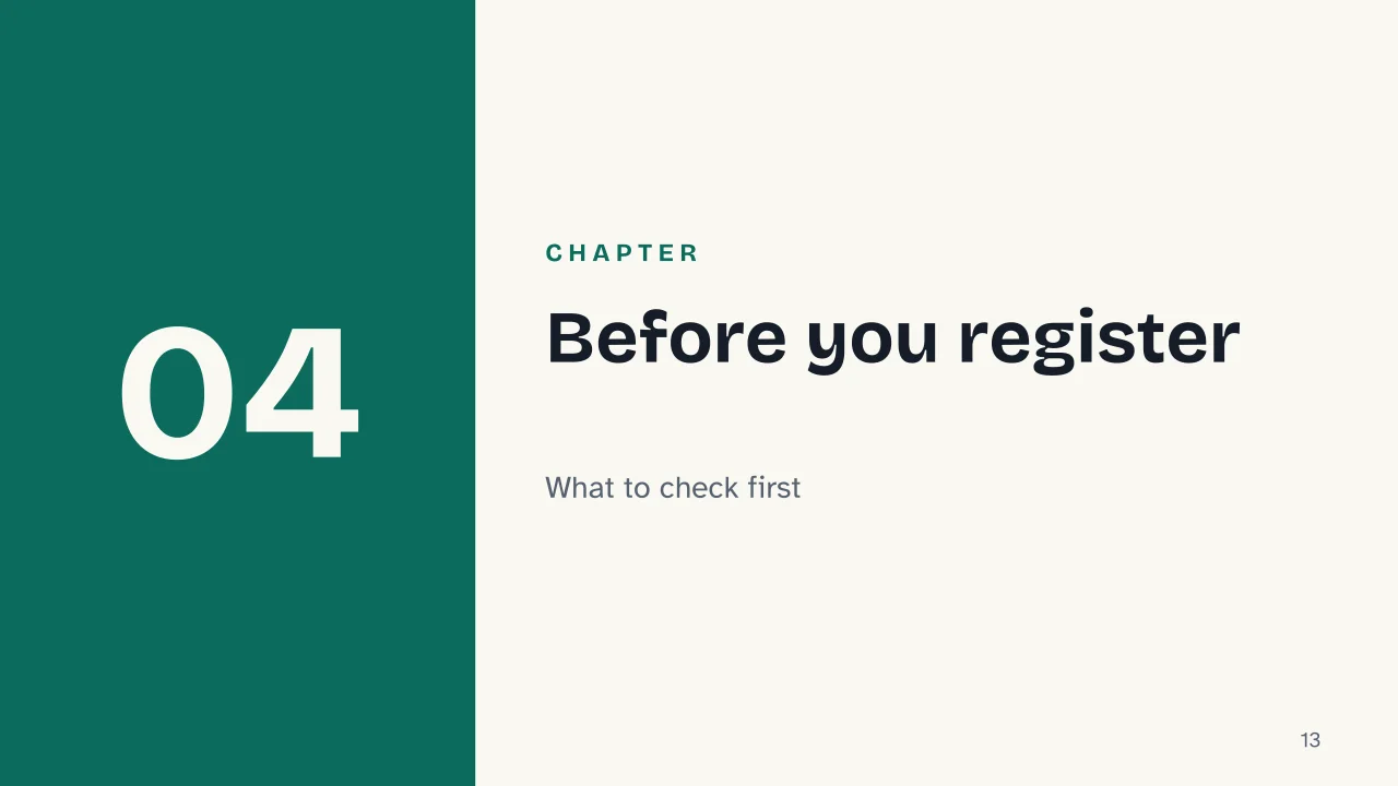 Slide 13 of the presentation on INPS Contributions Under Italy's Regime Forfettario, How They Work: Chapter 04: Before you register