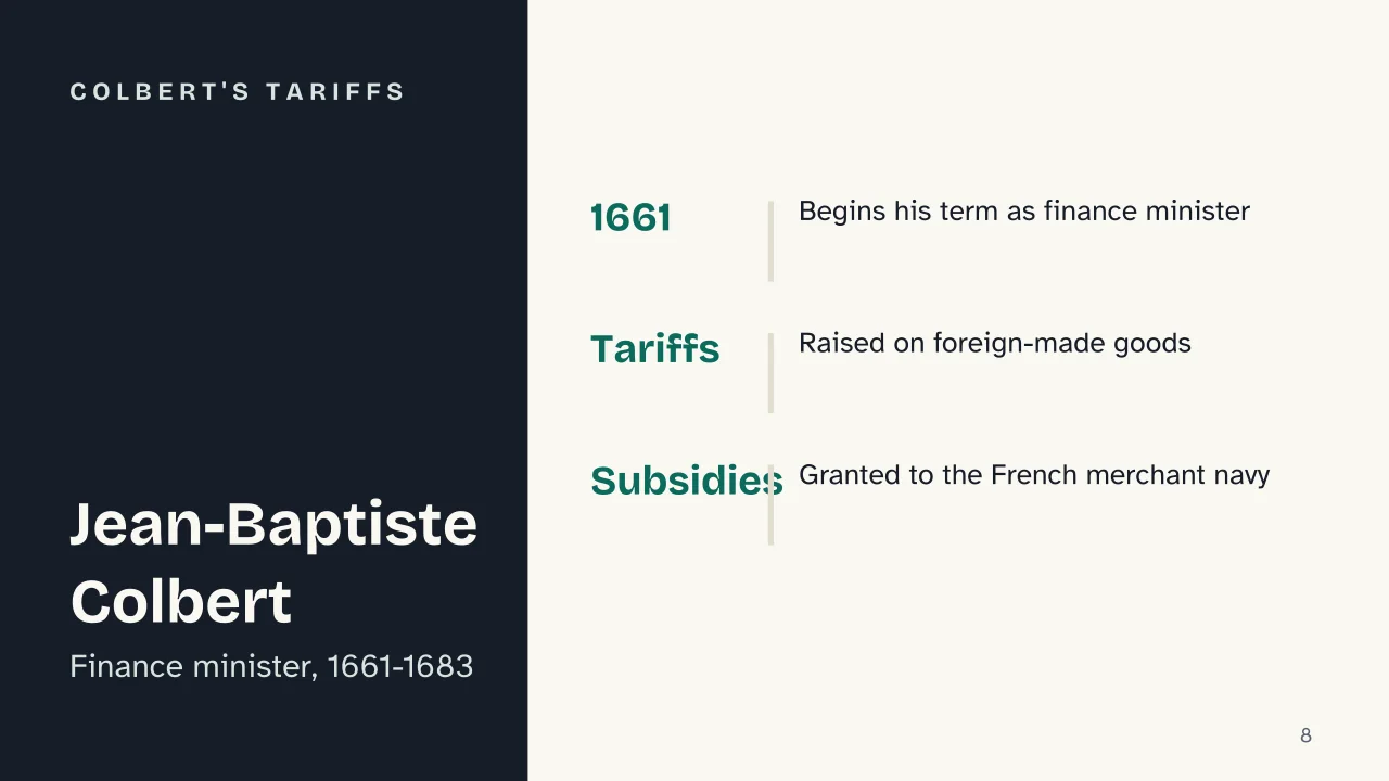 Slide 8 of the presentation on Mercantilism: Colbert's tariffs