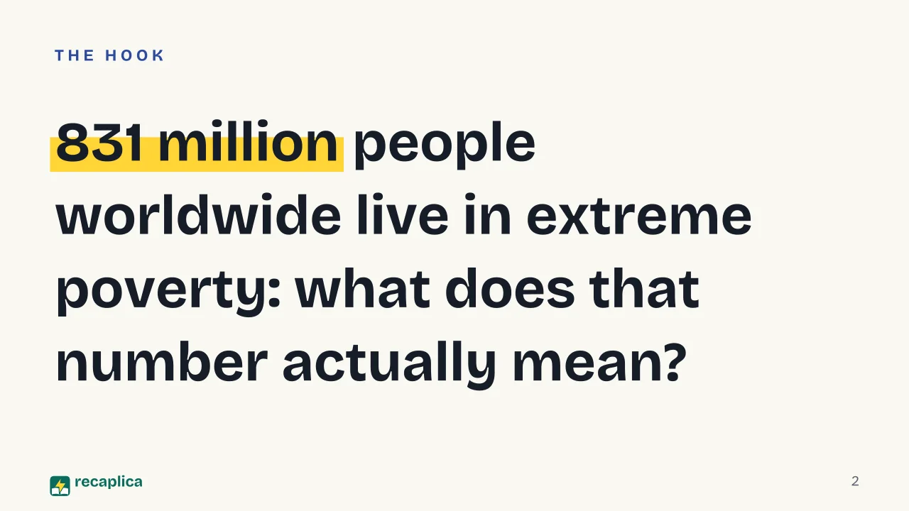Slide 2 of the presentation on Poverty: 831 million people worldwide live in extreme poverty: what does that number actually mean?