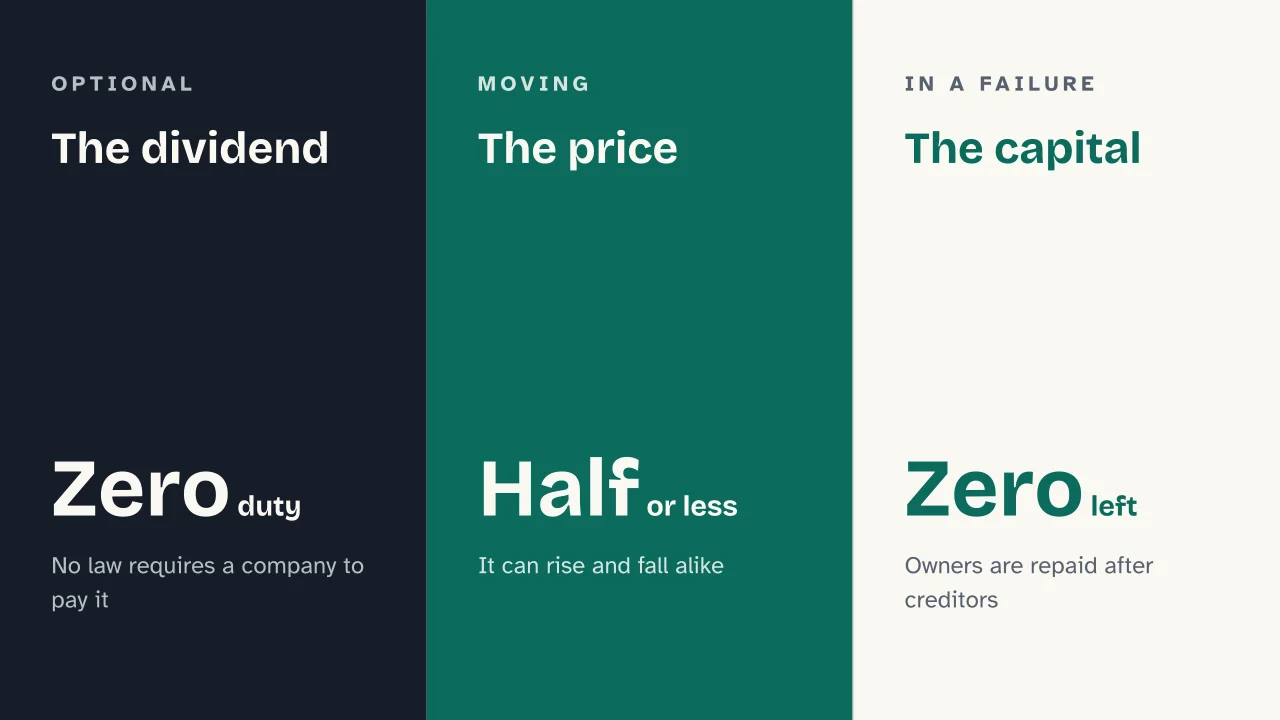 Slide 13 of the presentation on Stocks and the stock market: The dividend · The price · The capital