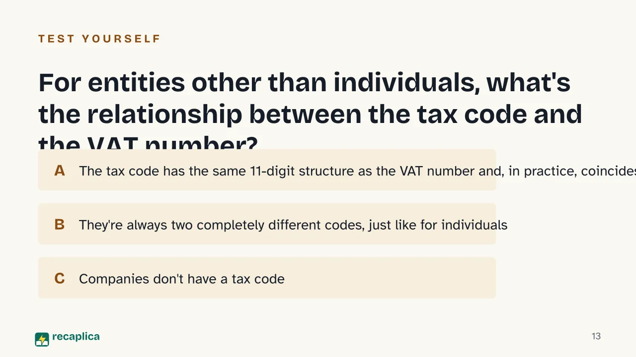 Slide 13 of the presentation on VAT Number in Italy: For entities other than individuals, what's the relationship between the tax code and the VAT number?