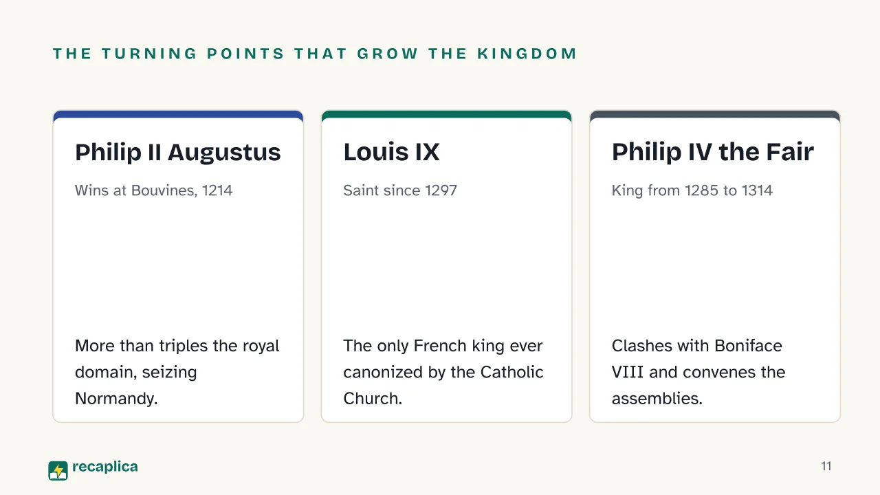 Slide 11 of the presentation on Capetian Dynasty: The turning points that grow the kingdom: Philip II Augustus, Louis IX, Philip IV the Fair