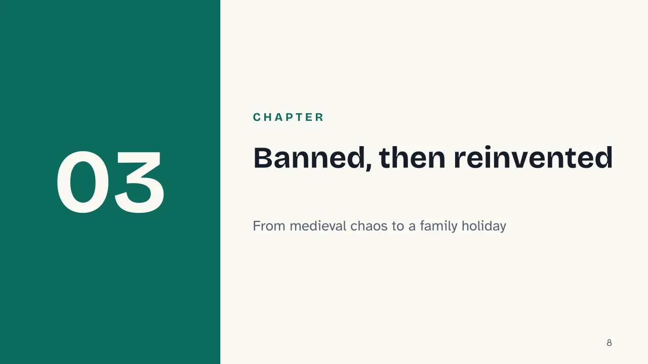 Slide 8 of the presentation on History of Christmas: Chapter 03: Banned, then reinvented