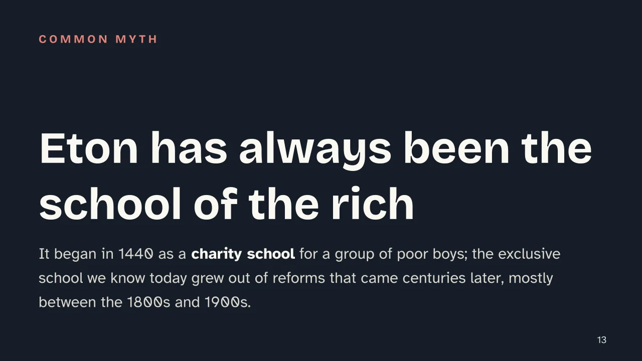 Slide 13 of the presentation on Eton College: Eton has always been the school of the rich