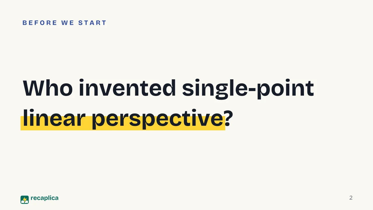 Slide 2 of the presentation on Florentine Renaissance: Who invented single-point linear perspective?
