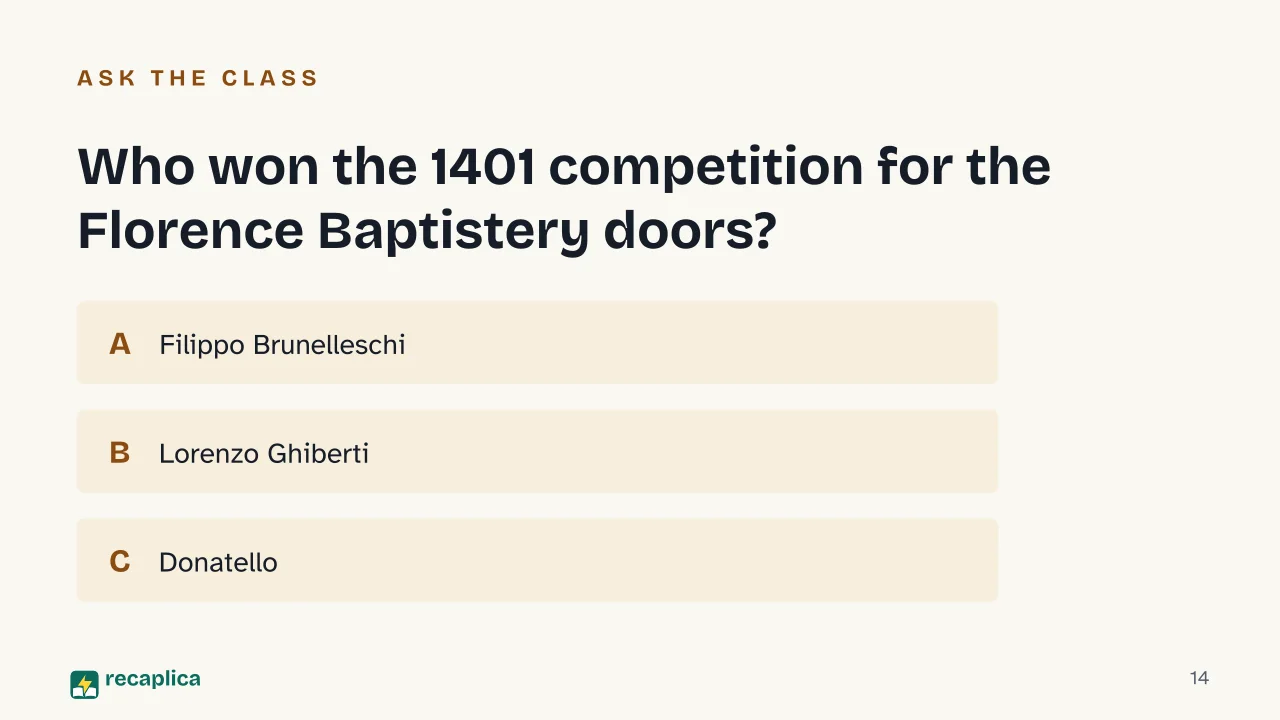 Slide 14 of the presentation on Florentine Renaissance: Who won the 1401 competition for the Florence Baptistery doors?