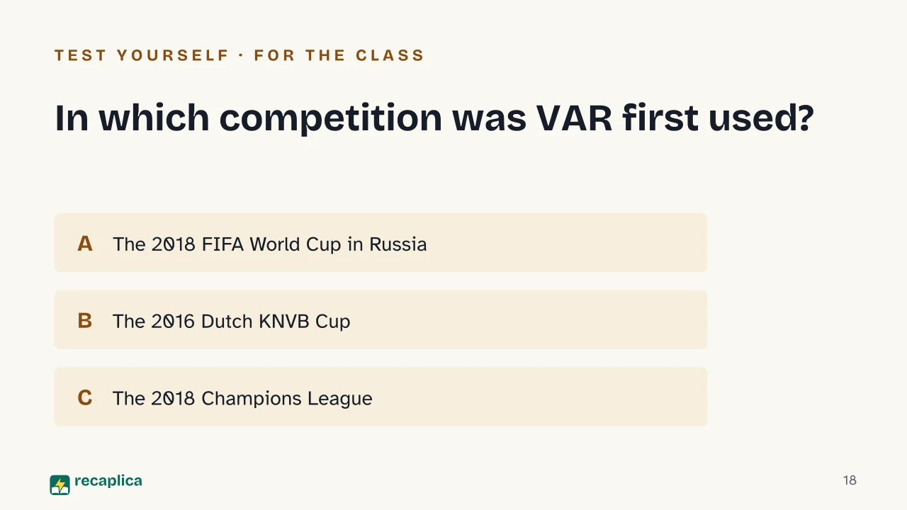 Slide 18 of the presentation on The History of Football Rules: In which competition was VAR first used?