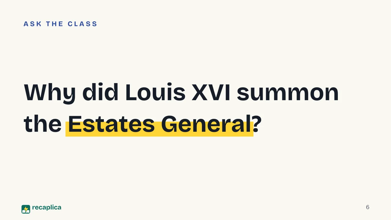 Slide 6 of the presentation on French Revolution Summary: Why did Louis XVI summon the Estates General?