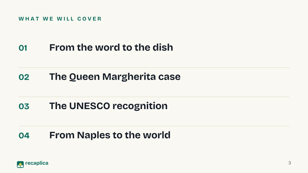 Slide 3 of the presentation on History of Pizza: What we will cover