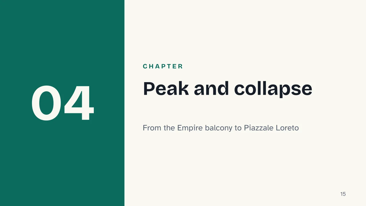 Slide 15 of the presentation on The Mussolini Myth: Chapter 04: Peak and collapse