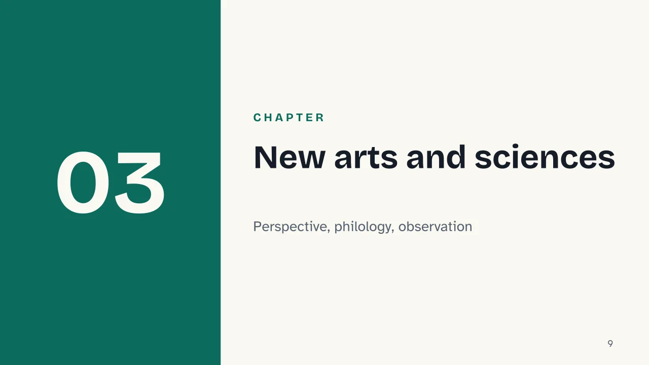 Slide 9 of the presentation on The Renaissance: Chapter 03: New arts and sciences