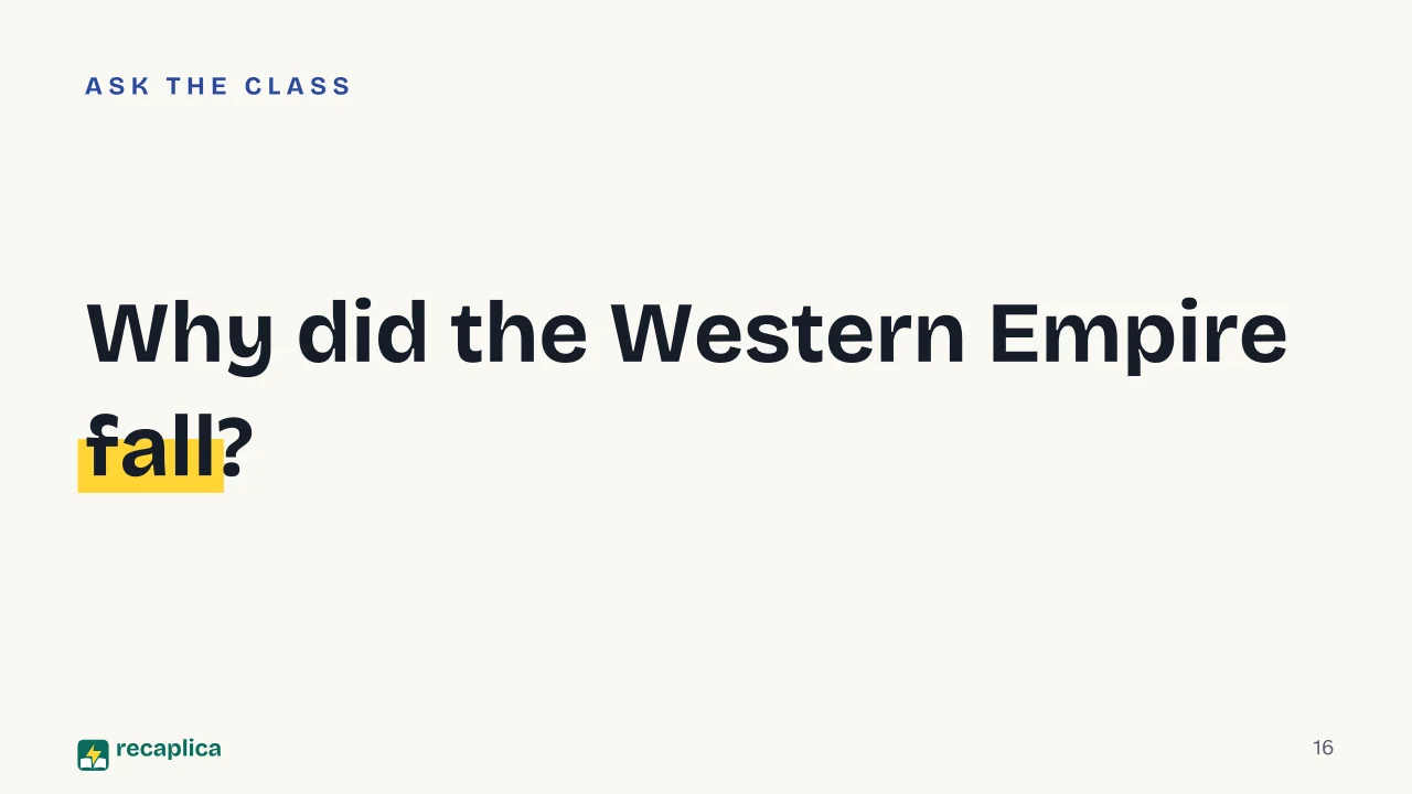 Slide 16 of the presentation on The Roman Empire: Why did the Western Empire fall?