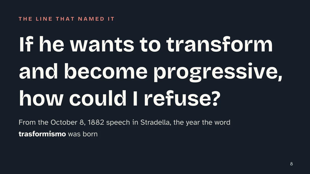 Slide 8 of the presentation on Trasformismo: If he wants to transform and become progressive, how could I refuse?