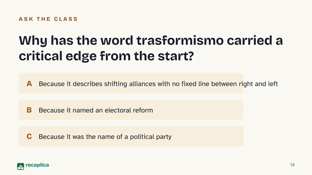 Slide 14 of the presentation on Trasformismo: Why has the word trasformismo carried a critical edge from the start?
