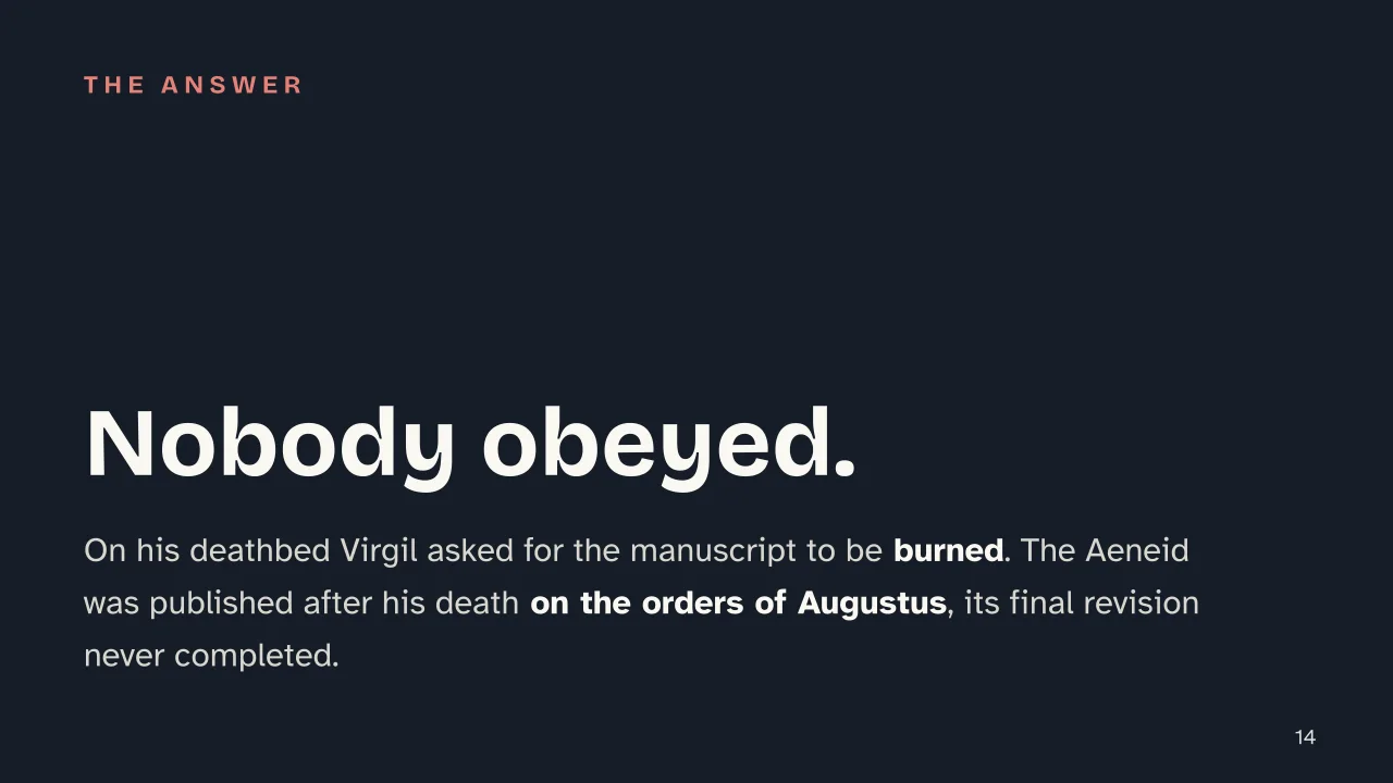 Slide 14 of the presentation on The Aeneid by Virgil: Nobody obeyed.