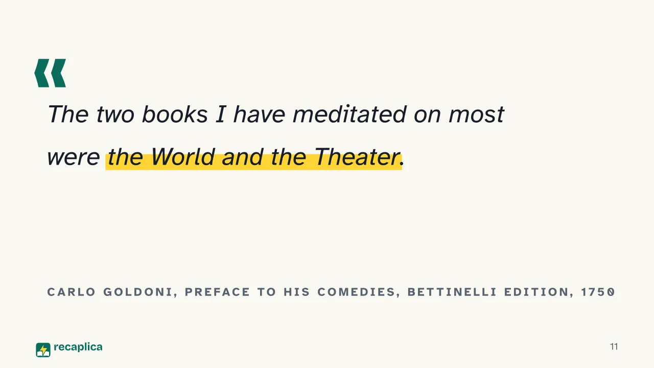 Slide 11 of the presentation on Carlo Goldoni: Carlo Goldoni, preface to his Comedies, Bettinelli edition, 1750
