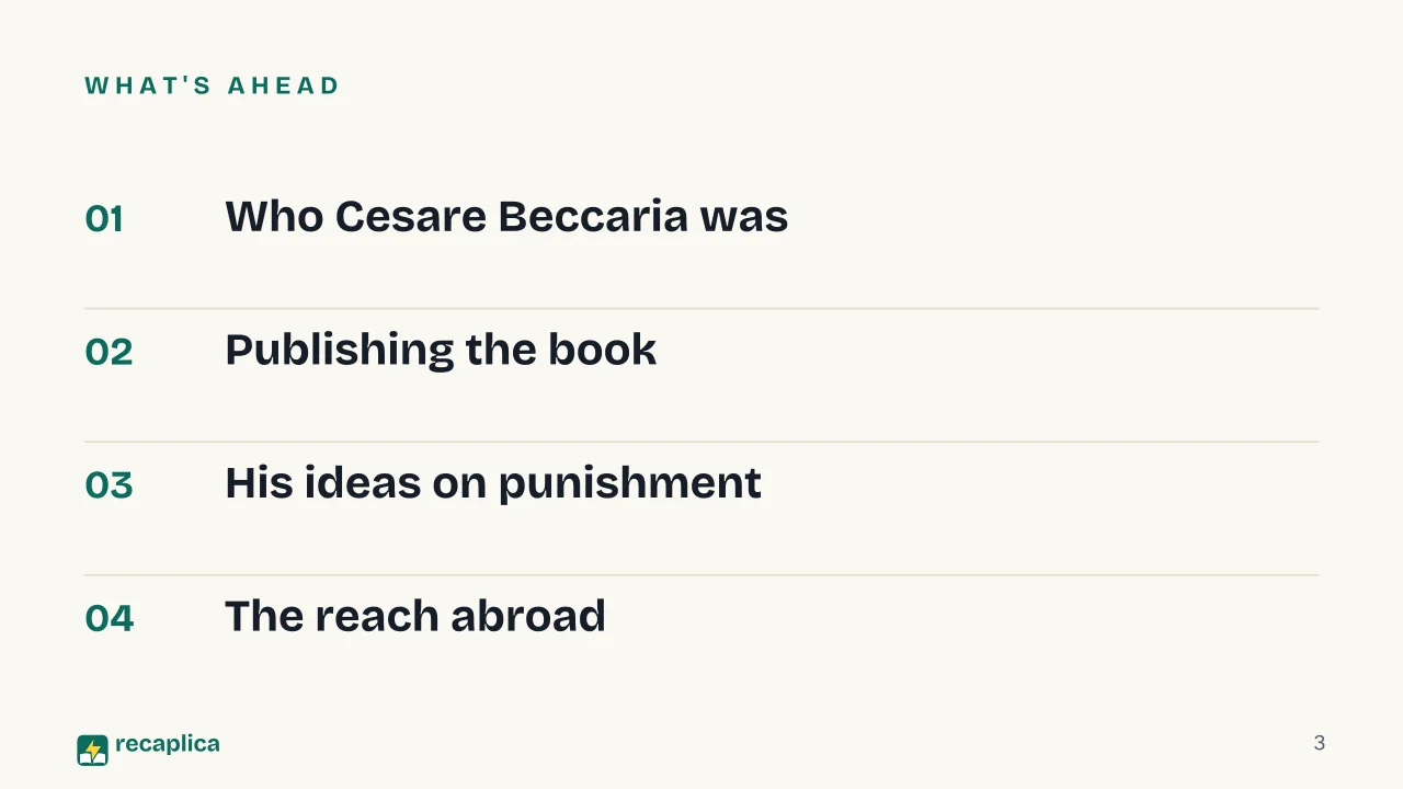 Slide 3 of the presentation on Cesare Beccaria: What's ahead