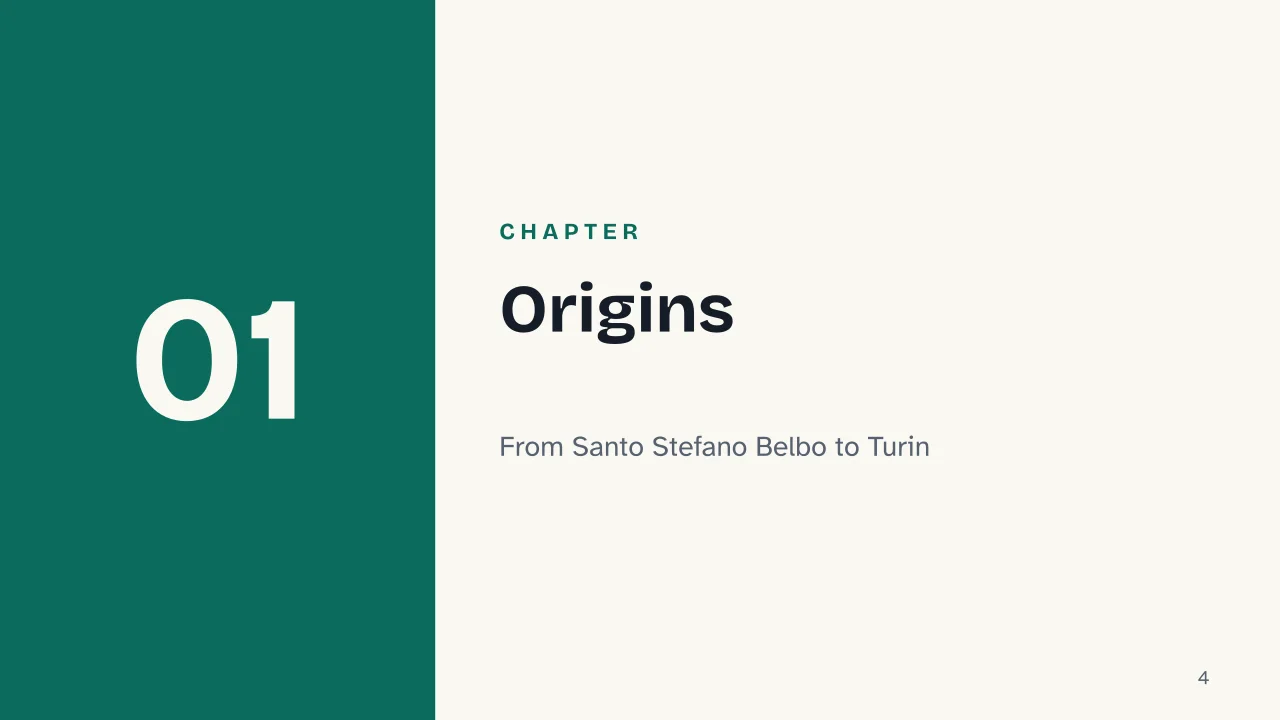 Slide 4 of the presentation on Cesare Pavese: Chapter 01: Origins
