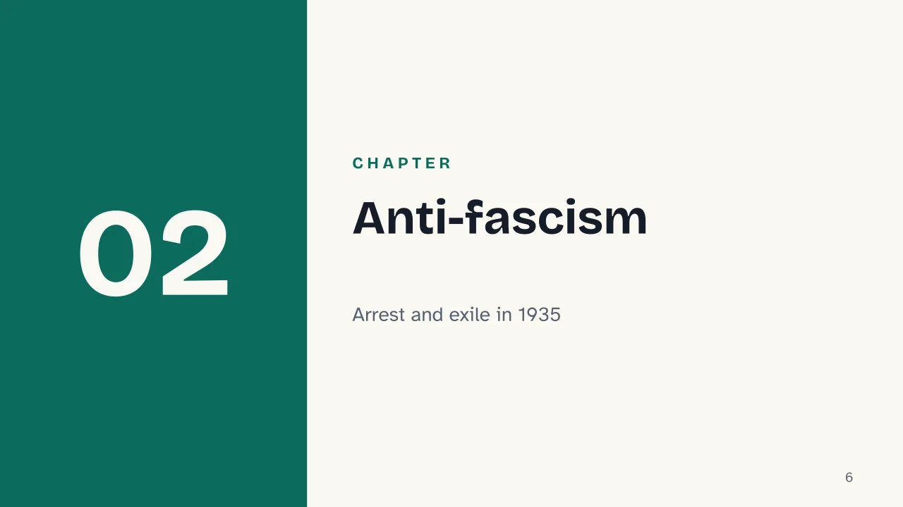 Slide 6 of the presentation on Cesare Pavese: Chapter 02: Anti-fascism