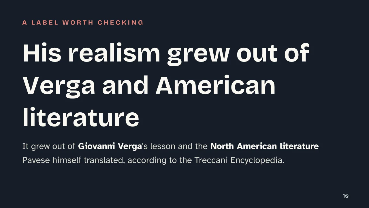 Slide 10 of the presentation on Cesare Pavese: His realism grew out of Verga and American literature