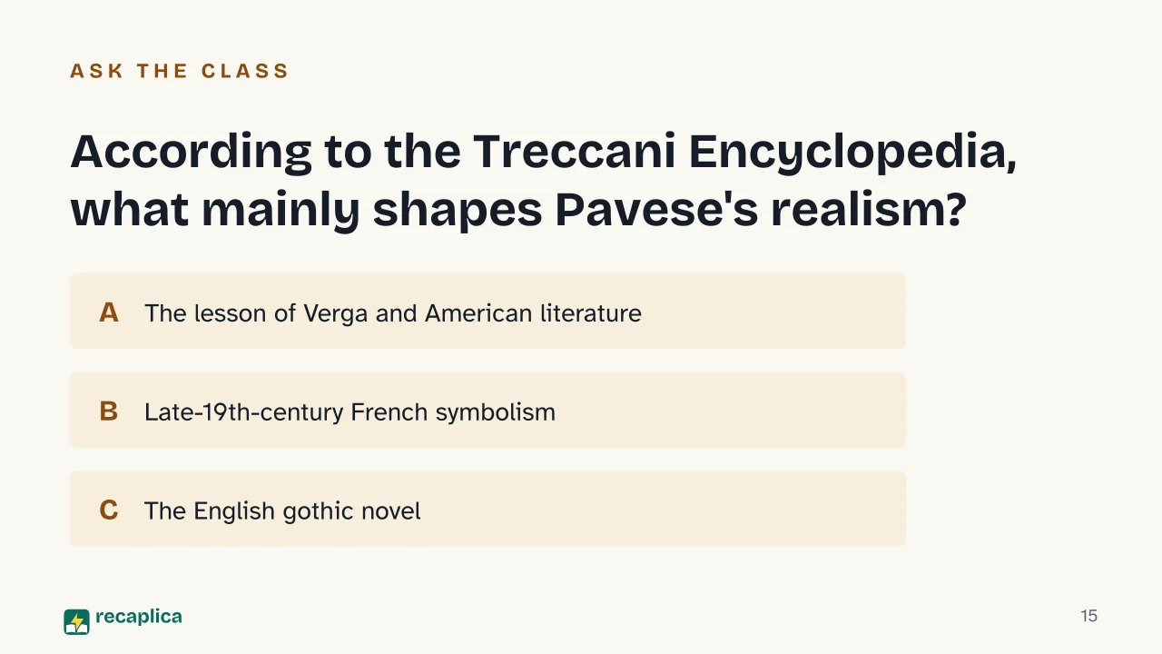 Slide 15 of the presentation on Cesare Pavese: According to the Treccani Encyclopedia, what mainly shapes Pavese's realism?
