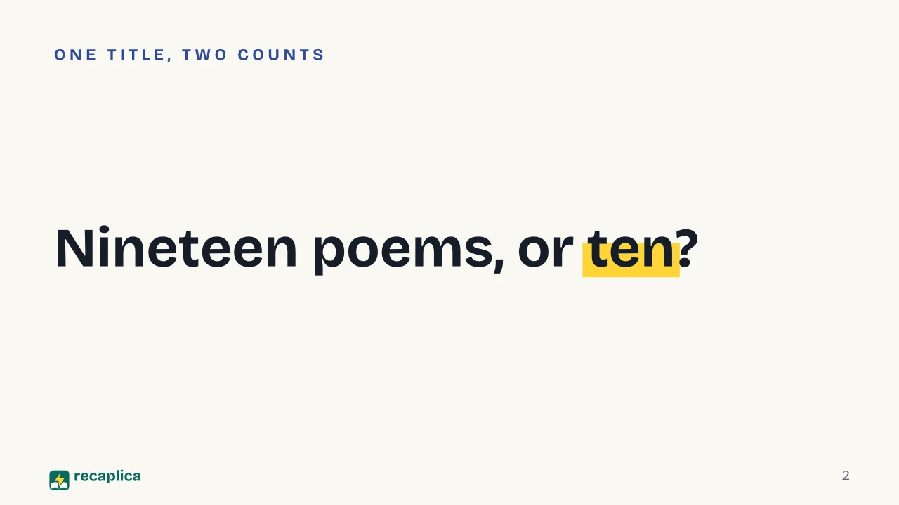 Slide 2 of the presentation on Death Will Come and Will Have Your Eyes: Nineteen poems, or ten?