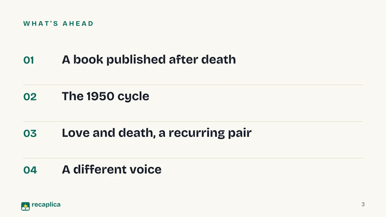 Slide 3 of the presentation on Death Will Come and Will Have Your Eyes: What's ahead