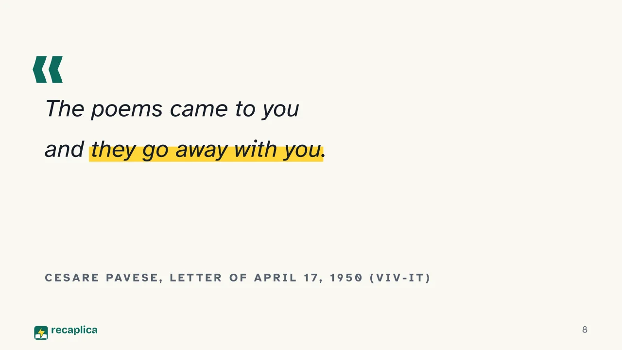 Slide 8 of the presentation on Death Will Come and Will Have Your Eyes: Cesare Pavese, letter of April 17, 1950 (VIV-IT)